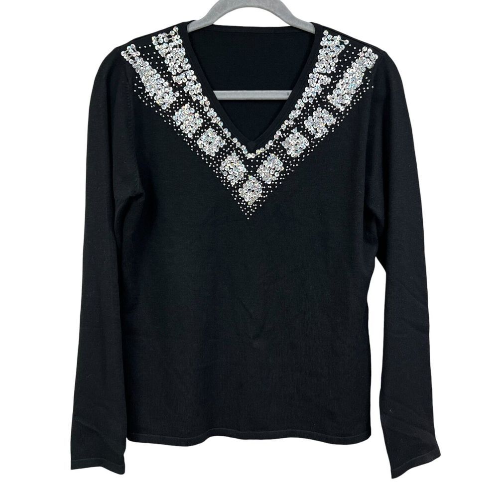Womens Knit Sweater Sequins Beads Embellished V Neck Black Size M*